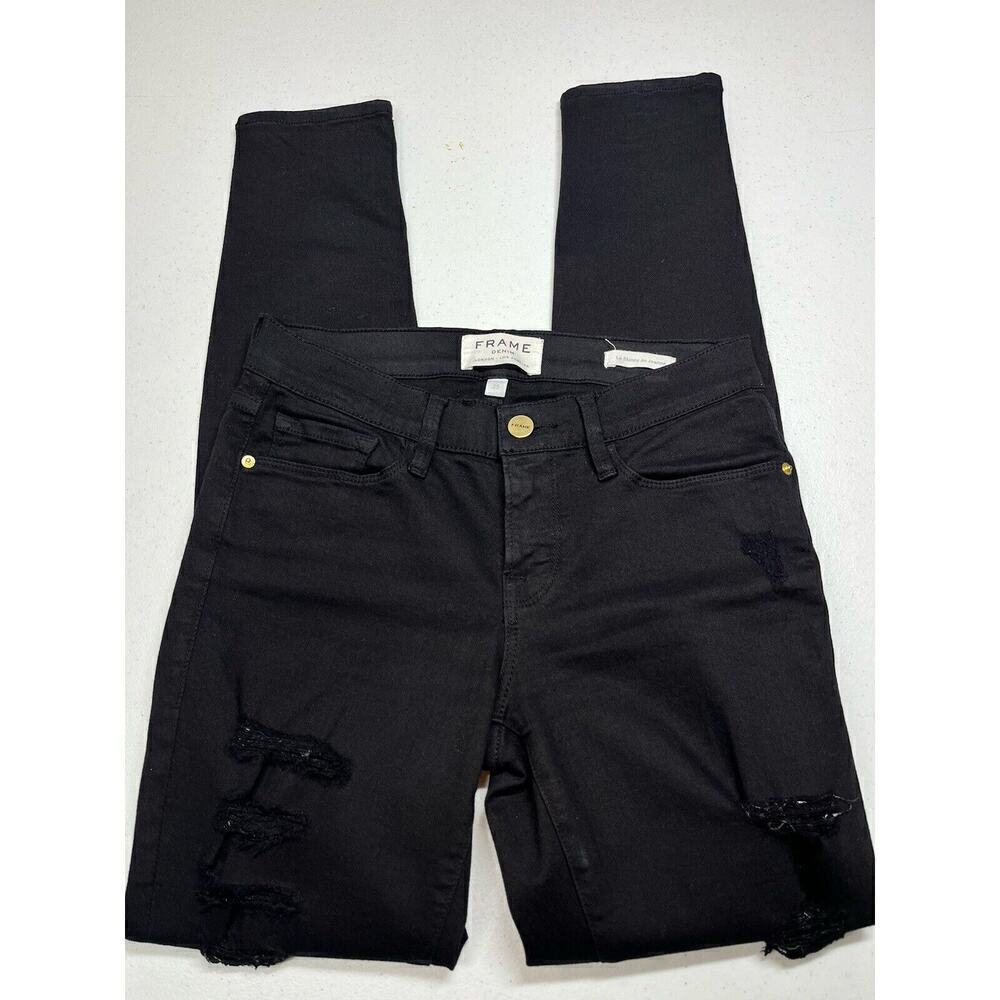 Frame Denim Le Skinny De Jeanne Distressed High Rise Black Jean Size 25